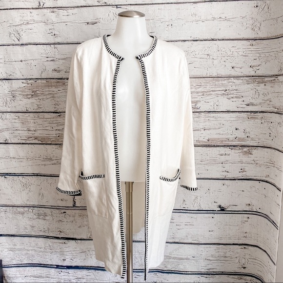 MAGASCHONI White Long Cardigan Open White Trim Women's M Duster - Picture 1 of 9